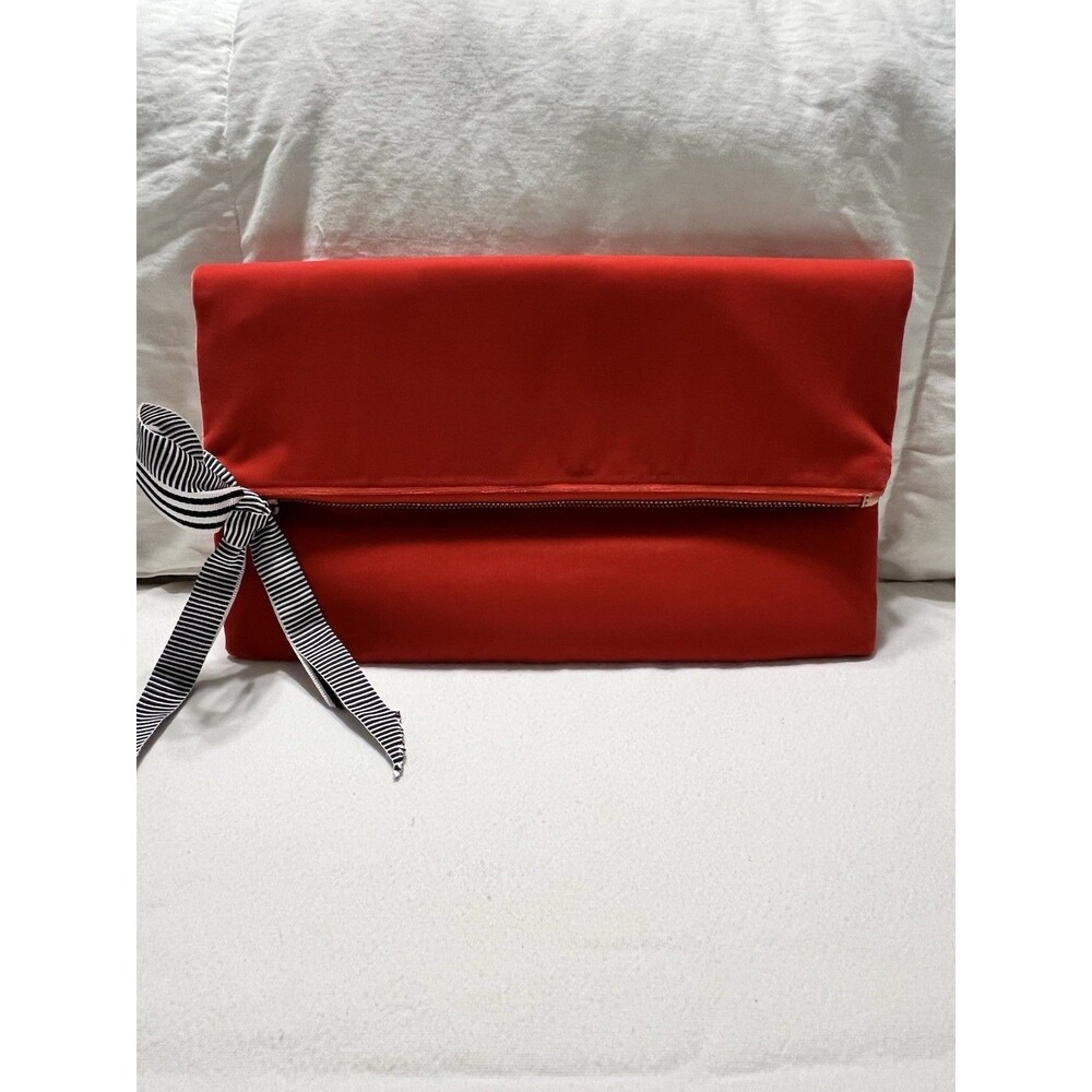 NWT J. Crew Red/Orange Velvet Envelope Clutch With Black And White Ribbon